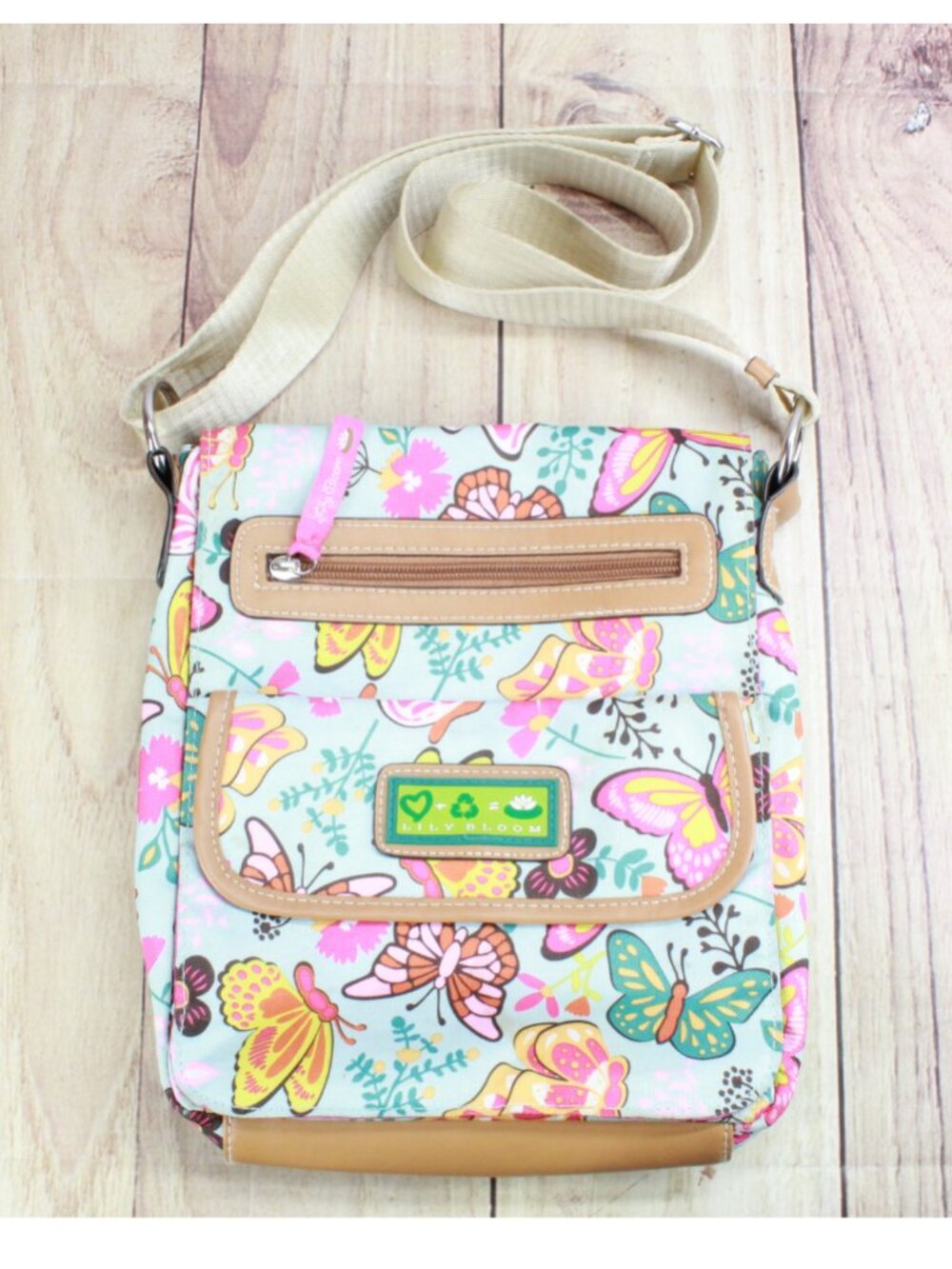 Lily Bloom Blue Butterfly Floral Recycled Canvas Boho Messenger Crossbody Bag